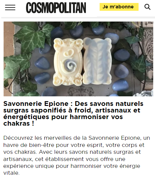 Savon Epione artisanal surgras huile d'argan avec pierre de lithothérapie angélite avec lière et esprit vintage